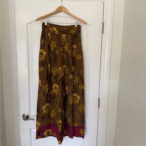Anthropologie Brown Palazzo Pants with Yellow Floral and Pink Border